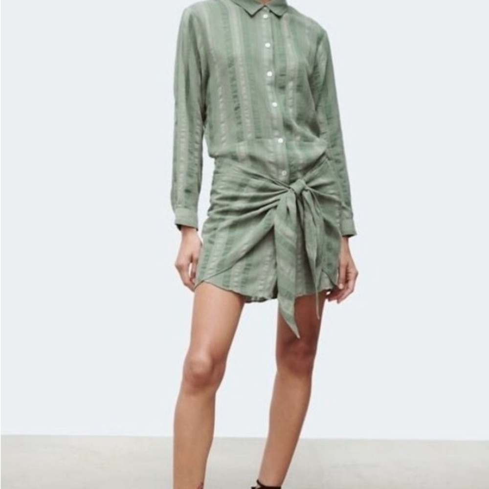 ZARA Zoe Dress XS Moss Sage Olive Green Button Down Tie-Front Mini Dress NWT